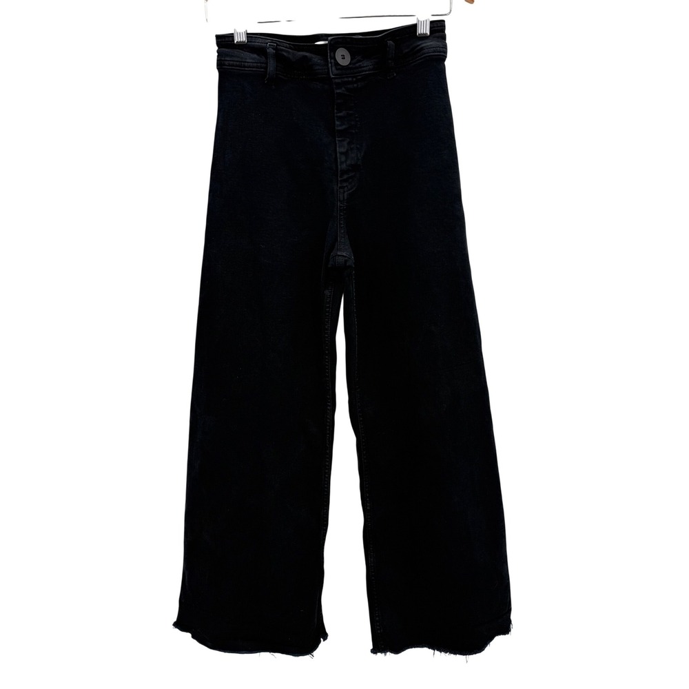 Zara Wide‎ Leg Cropped Jeans Women's Black Denim High Rise Frayed Hem